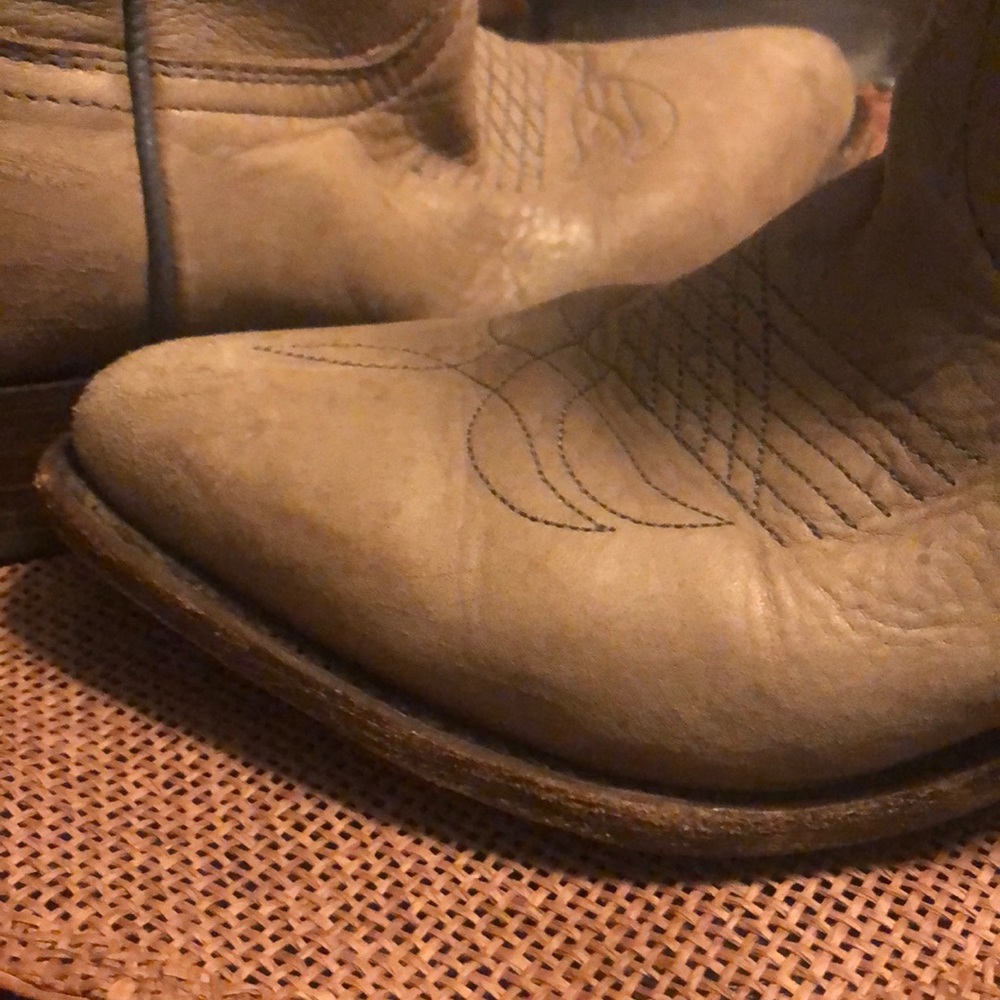 Grey Frye cowgirl booties! Very comfortable- they run true size.